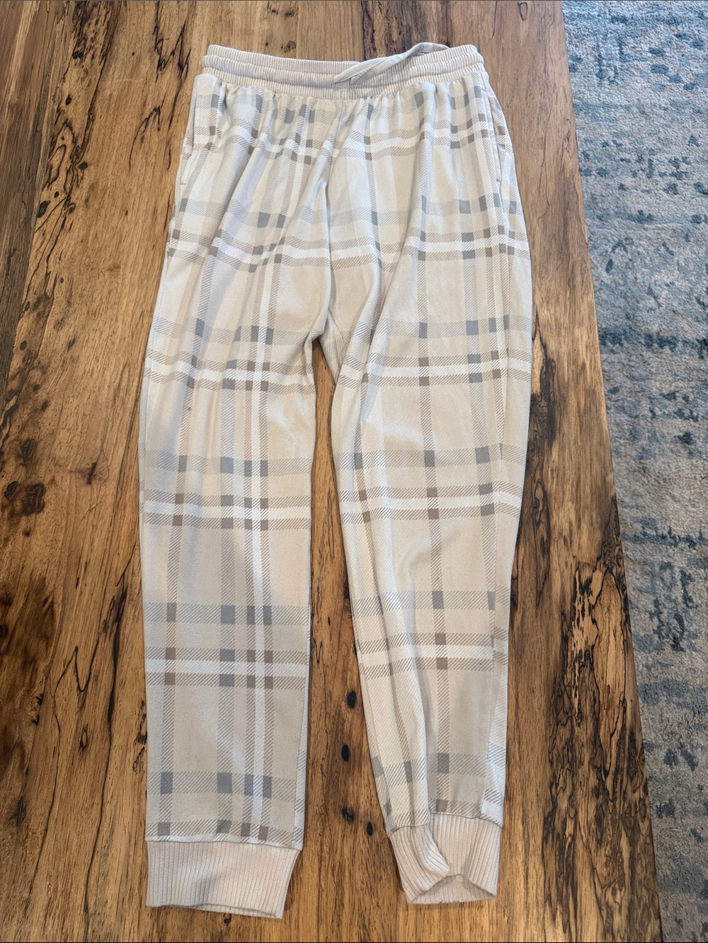 Plaid Lounge Joggers in Cream and Light Gray